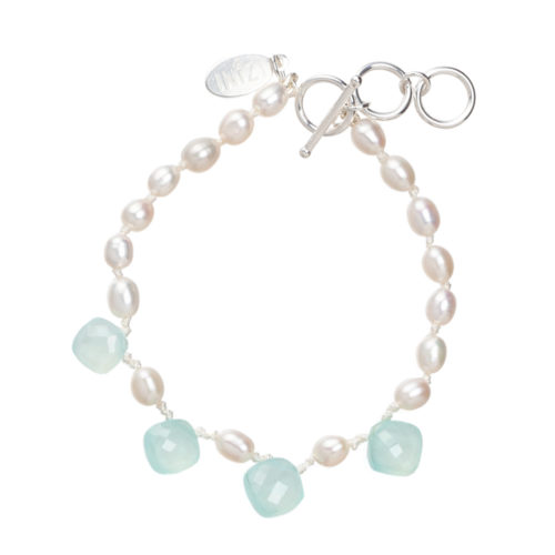 Blue Chalcedony and Pearls Silk Knotted Drop Bracelet by INIZI