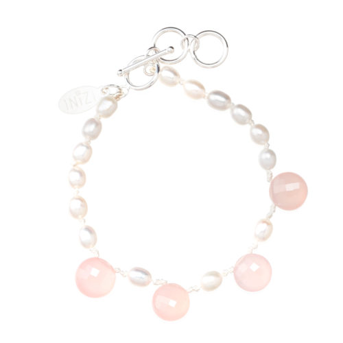 Pink Chalcedony and Pearls Silk Knotted Drop Bracelet by INIZI