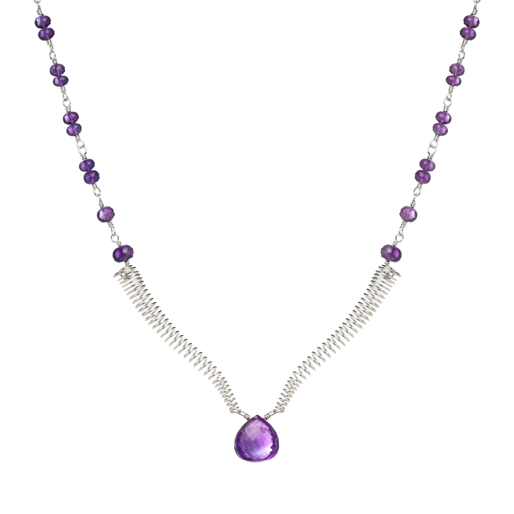 INIZI Amethyst Briolette and Rondelles Sterling Silver Spirals Necklace