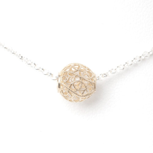 14k Gold Swirl Sphere Sterling Silver Necklace Close Up (Adjustable) by INIZI