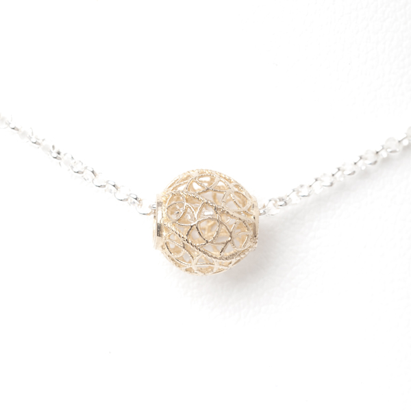 14k Gold Swirl Sphere Sterling Silver Necklace Close Up (Adjustable) by INIZI