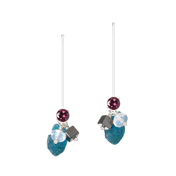 Facets and Rough Earrings: Rhodolite Garnet faceted round gemstone in a tube setting with a cluster of Hematite cube and Opal Quartz faceted rondelle gemstone beads; and a nugget of teal Apatite in the rough. On sterling silver earring wires.