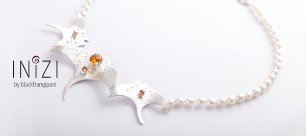 INIZI Manta Ray Sterling Silver Necklace with Citrine, Yellow Sapphires and Pearls