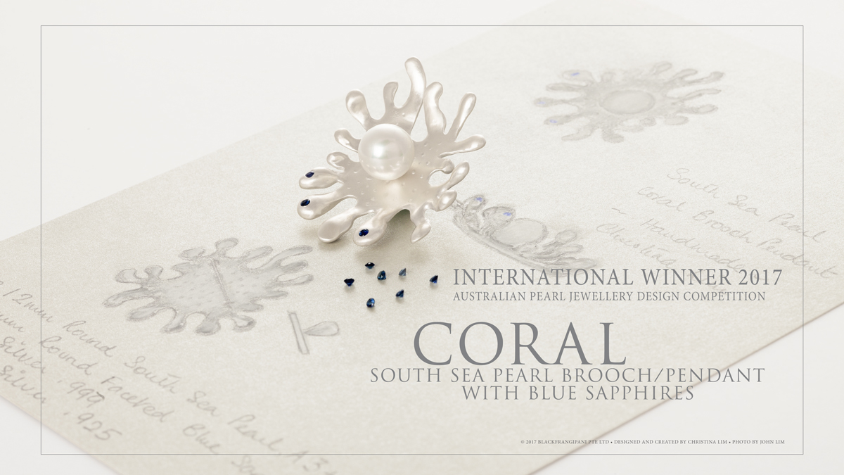 INIZI Coral South Sea Pearl Brooch/Pendant with original sketches
