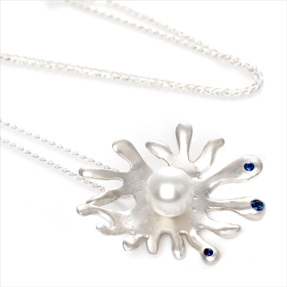 Meri Collection Coral Pearl-Pendant-Sapphires Closeup by INIZI