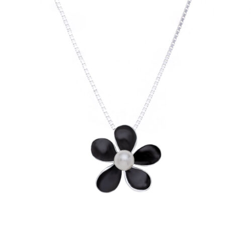 INIZI Black Frangipani Glass Enamelled Pendant Necklace with Pearl