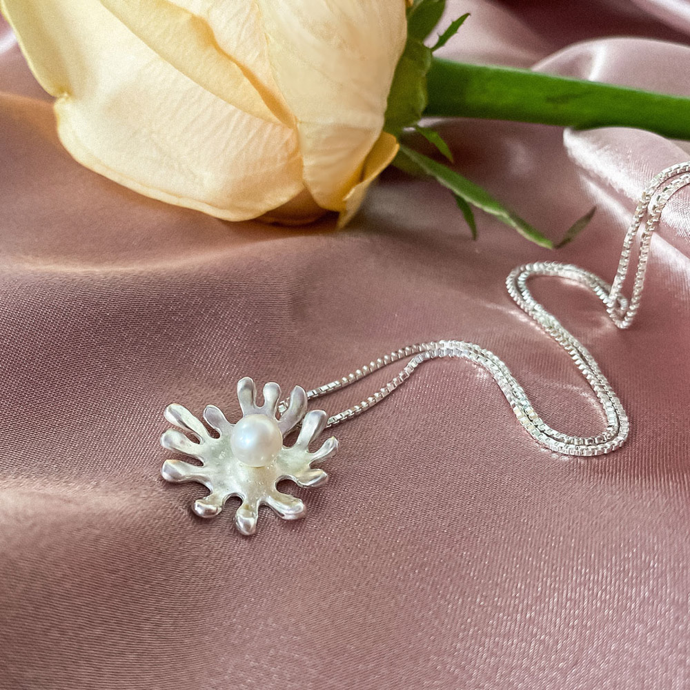 Floral Coral Pearl Pendant Necklace by INIZI